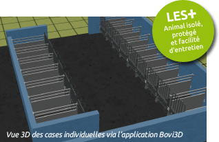 Il a été inventé et conçu en collaboration avec des spécialistes en bâtiment d’élevage pour assurer la bonne santé des veaux. Vue 3D des cases individuelles via Bovi3D